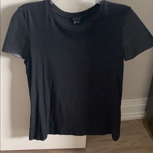 Theory black t-shirt with leather sleeves